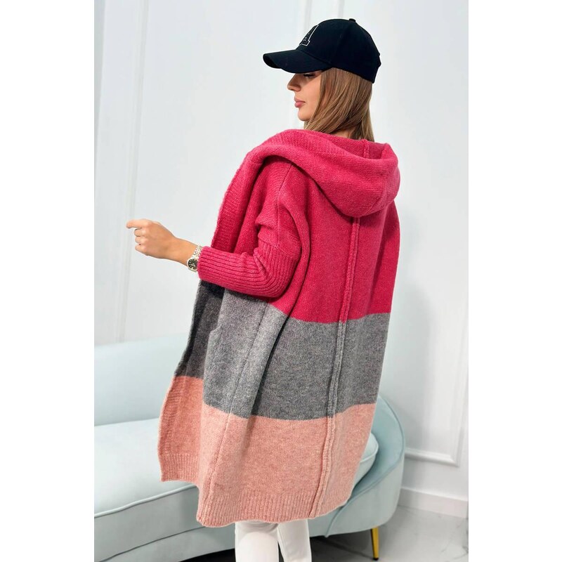 MladaModa Tříbarevný kardiganový svetr s kapucí fuchsiový+šedý+pudrově růžový