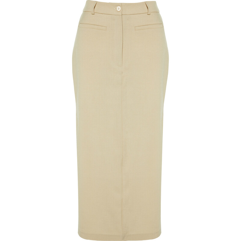 Trendyol Beige Limited Edition High Quality Faux Leather Slit Detailed Midi Woven Skirt