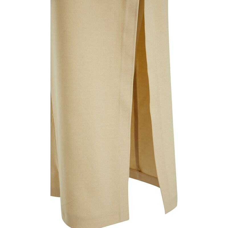 Trendyol Beige Limited Edition High Quality Faux Leather Slit Detailed Midi Woven Skirt