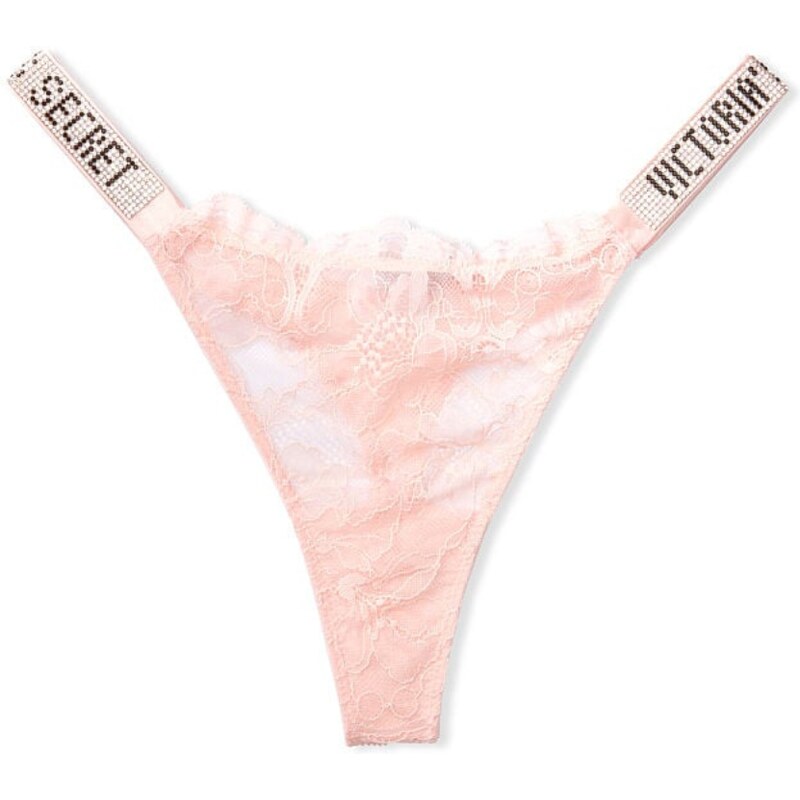 Victoria's Secret světle růžové krajkové tanga kalhotky Bombshell Shine Strap Lace Thong Panty