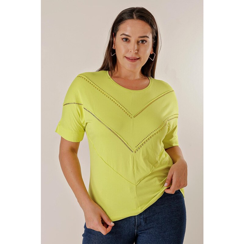 By Saygı Plus Size Blouse with Bat Short Sleeves and Stone Print on the Front.