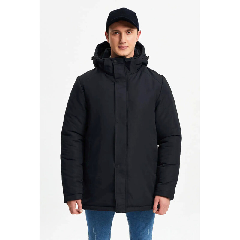 D1fference Pánský černý lemovaný odnímatelný vodní a větruodolný zimní kabát a parka s kapucí