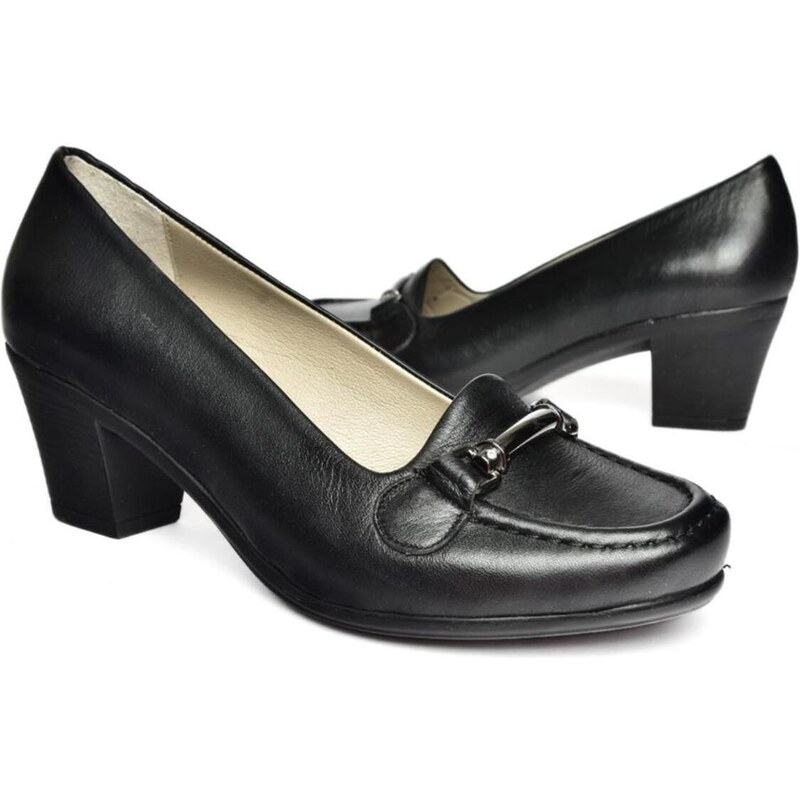 Fox Shoes R908037103 Black Genuine Leather Women's Thick Heeled Shoes