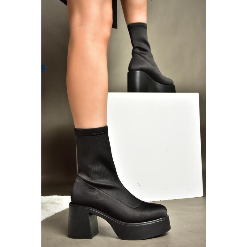Fox Shoes R404300004 Black Stretch Fabric Women's Boots with Thick Heels
