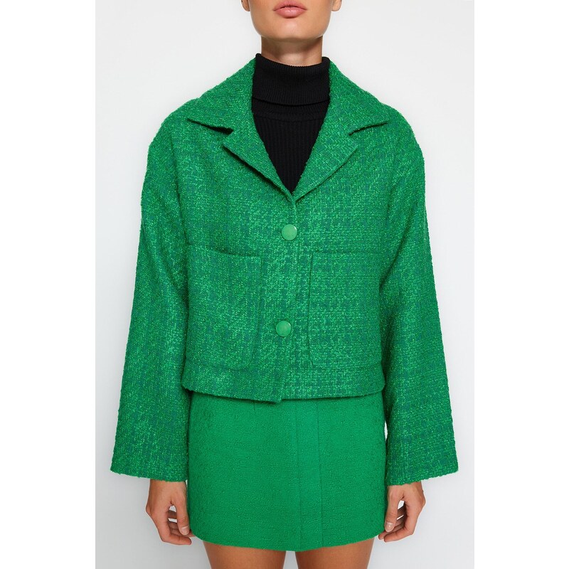 Trendyol zelený tvídový kabát