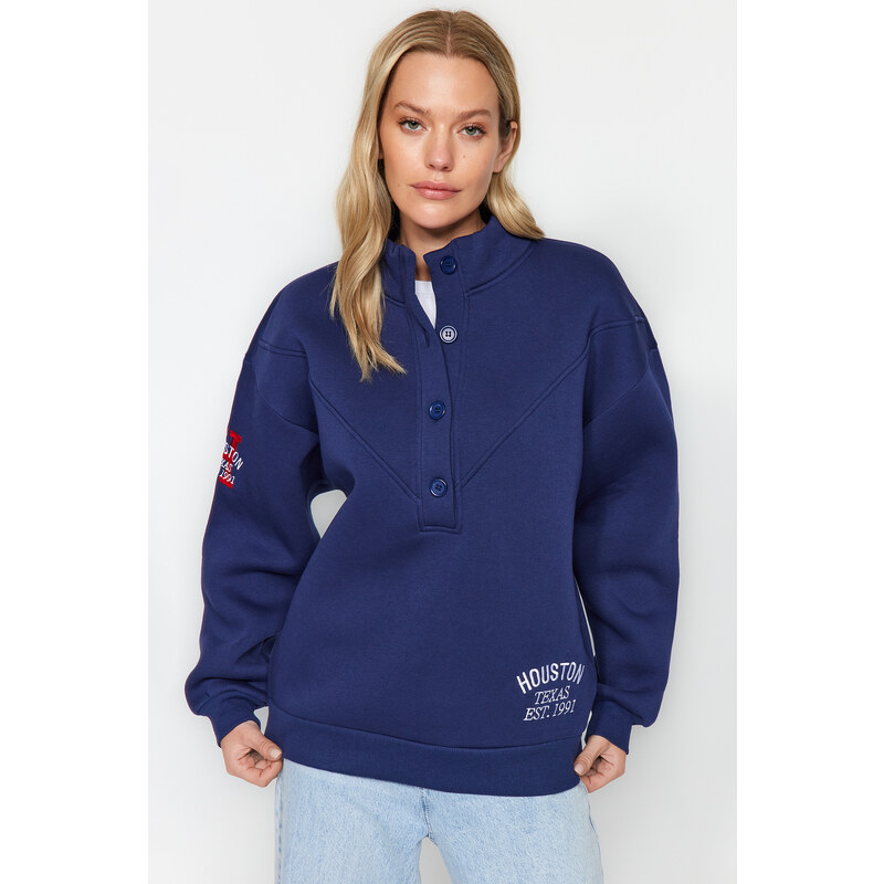 Trendyol Navy Blue Thick Fleece Embroidery and Button Detail High Neck Oversize Knitted Sweatshirt