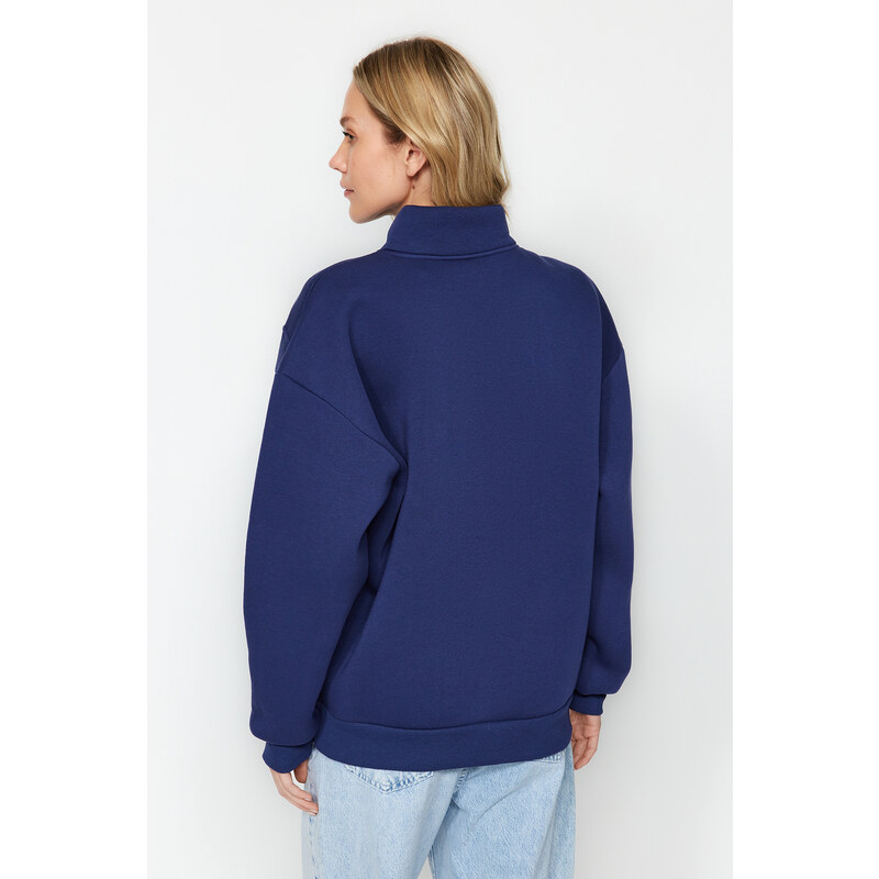 Trendyol Navy Blue Thick Fleece Embroidery and Button Detail High Neck Oversize Knitted Sweatshirt