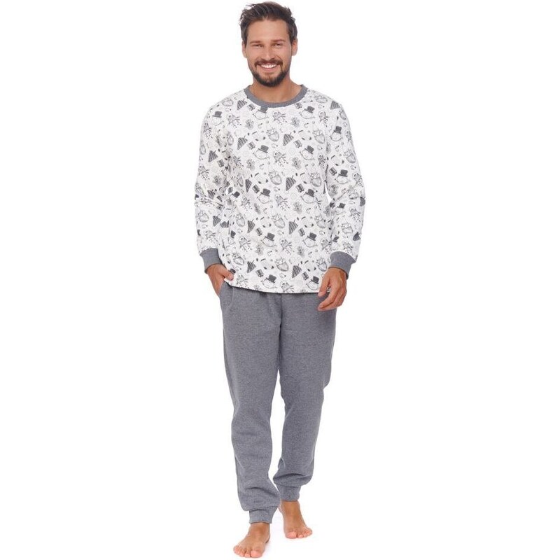 DN Nightwear Vánoční pánské pyžamo Snowman bílé zateplené