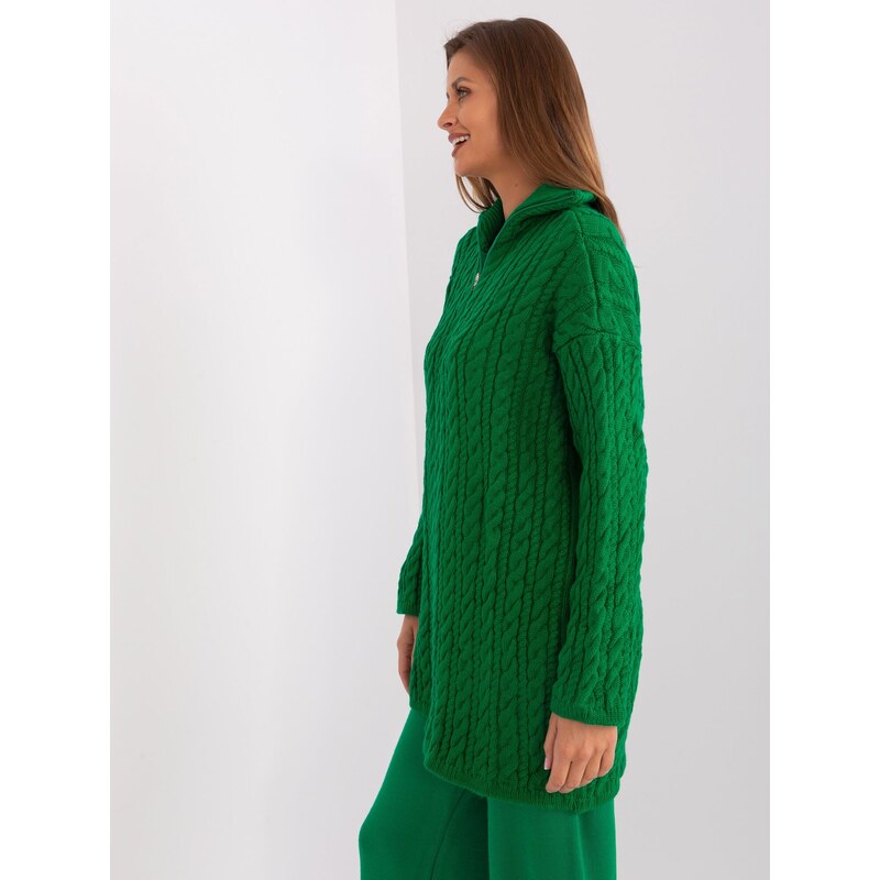 Fashionhunters Zelený dlouhý svetr s kabely a zipem