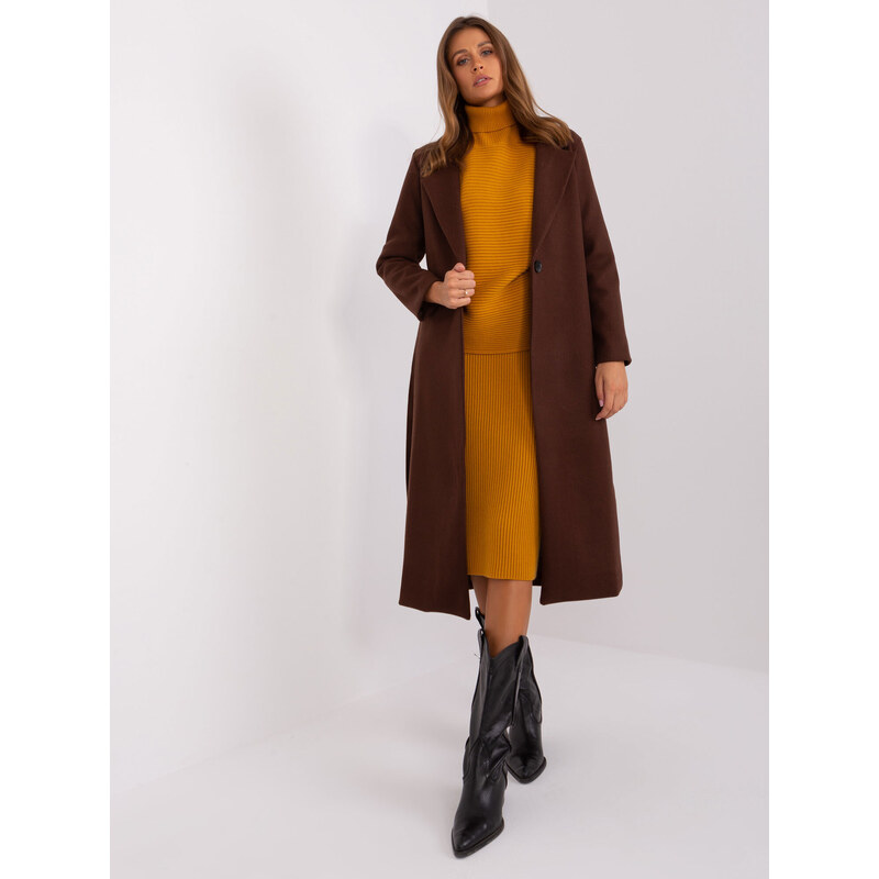 Tmavě hnědý dámský kabát s páskem OCH BELLA