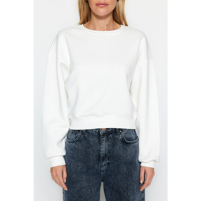 Trendyol Ecru Comfy Cut Crop Basic Crew Neck Thick Fleece Knitted Sweatshirt