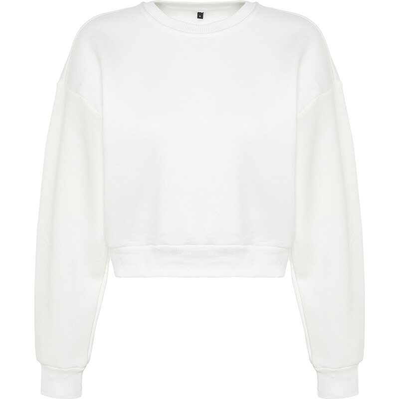 Trendyol Ecru Comfy Cut Crop Basic Crew Neck Thick Fleece Knitted Sweatshirt