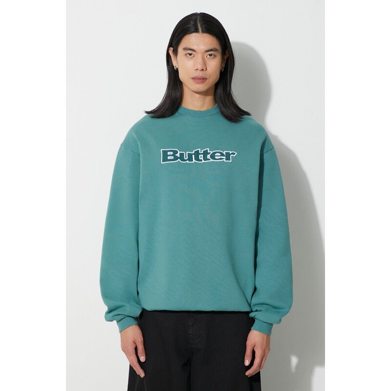 Mikina Butter Goods Cord Logo Crewneck Sweatshirt pánská, zelená barva, s aplikací, BGQ3232304