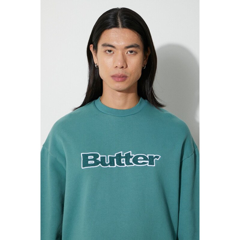 Mikina Butter Goods Cord Logo Crewneck Sweatshirt pánská, zelená barva, s aplikací, BGQ3232304