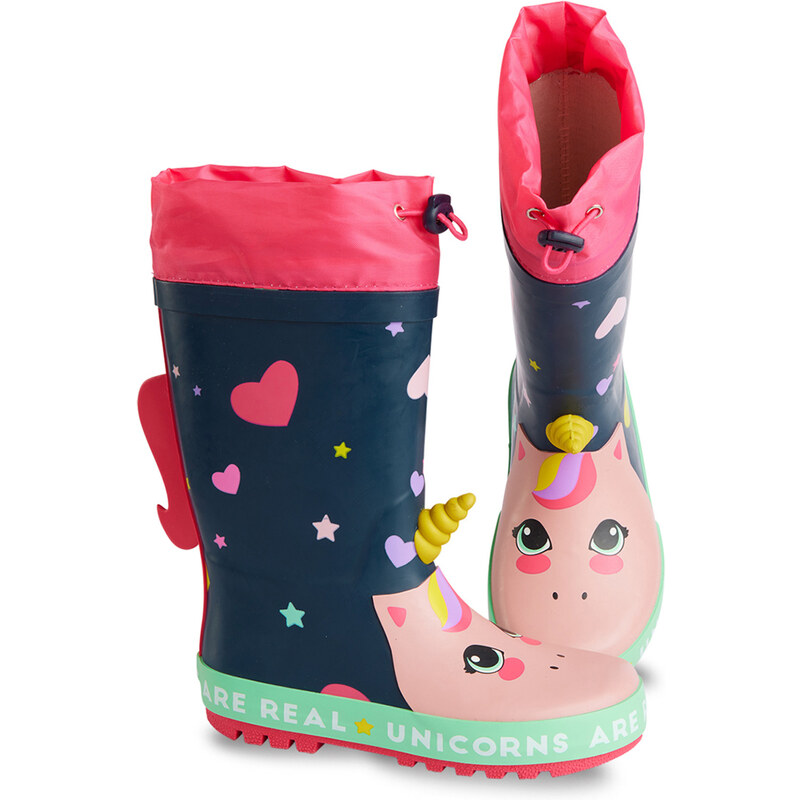 Denokids Heart Unicorn Girls Navy Blue Rain Boots