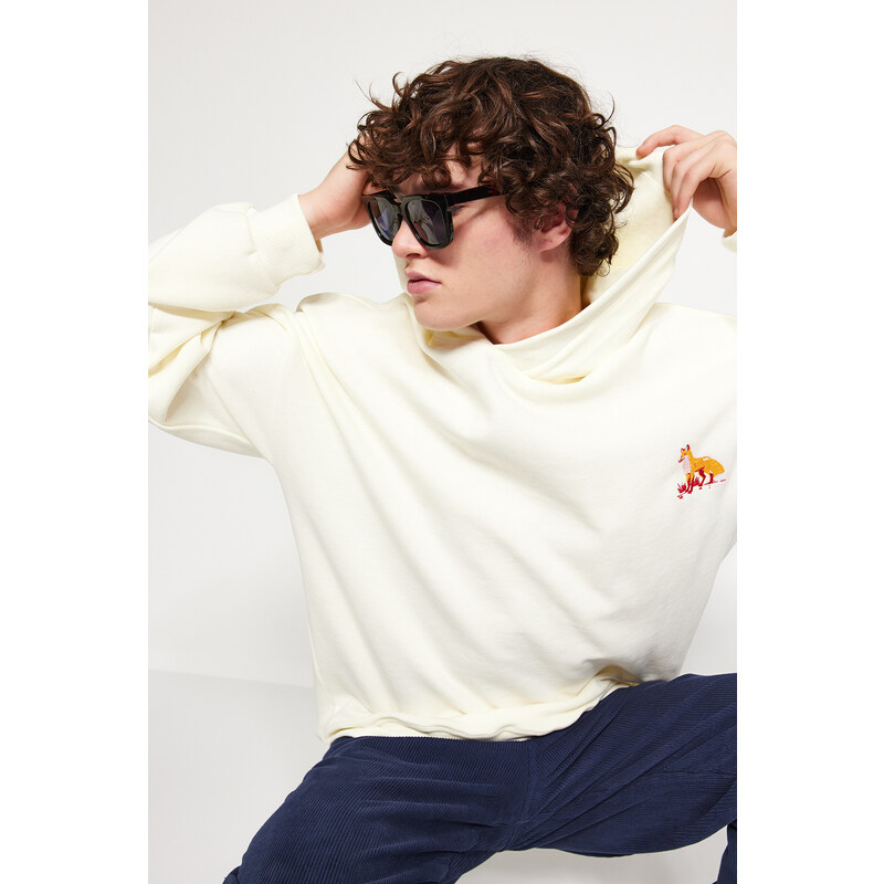Trendyol Beige Oversize/Wide-Fit Limited Edition Hooded Animal Embroidered Sweatshirt