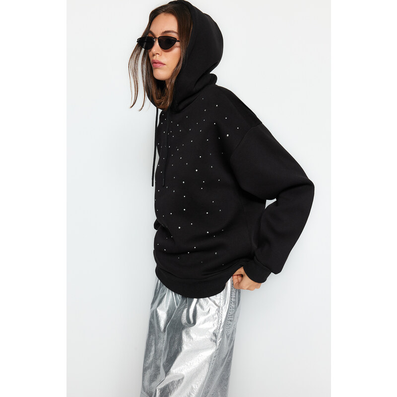 Trendyol Black Stones Print Oversize/Wide Fit Knitted Sweatshirt with Fleece Fleece