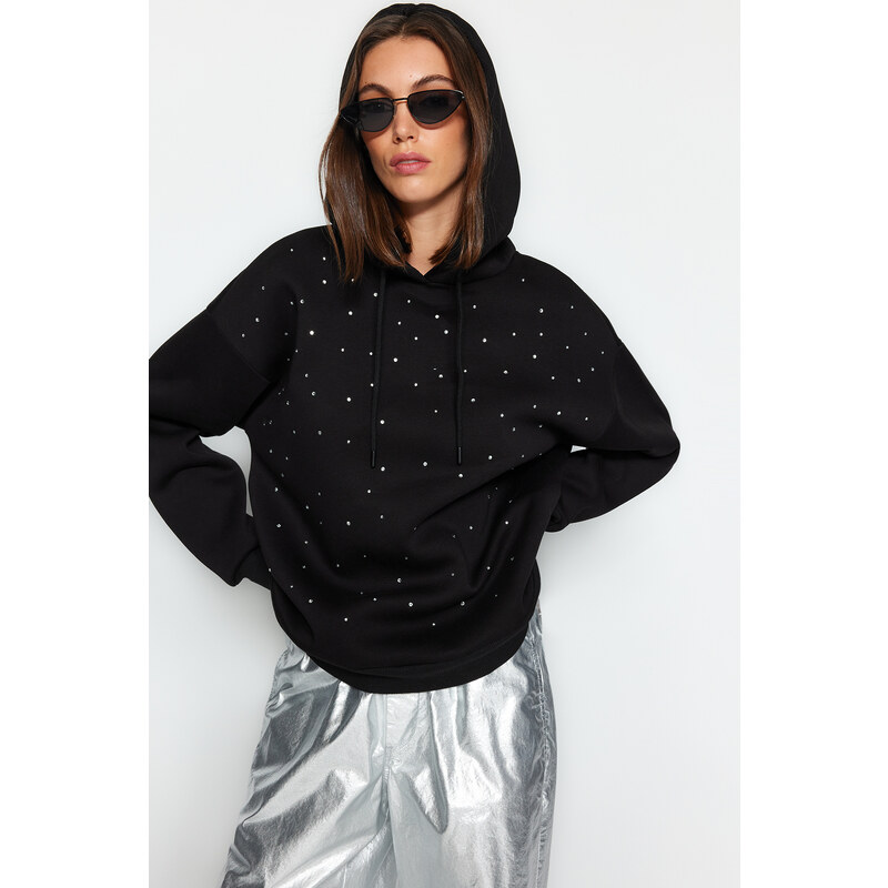 Trendyol Black Stones Print Oversize/Wide Fit Knitted Sweatshirt with Fleece Fleece