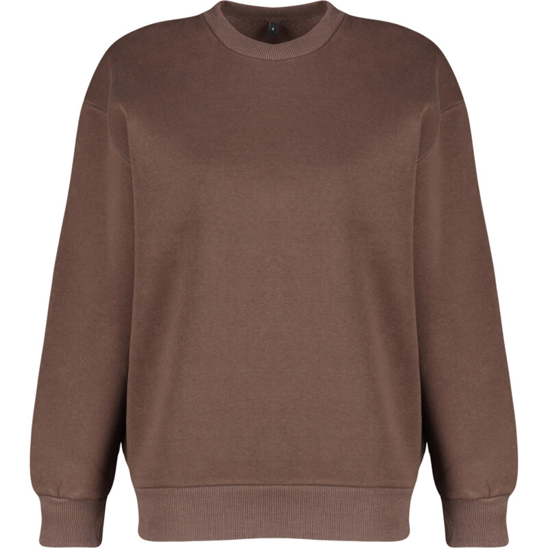 Trendyol Brown Thick Fleece Interior Printed on the Back Cycling Collar Regular Fit Knitted Sweatshirt