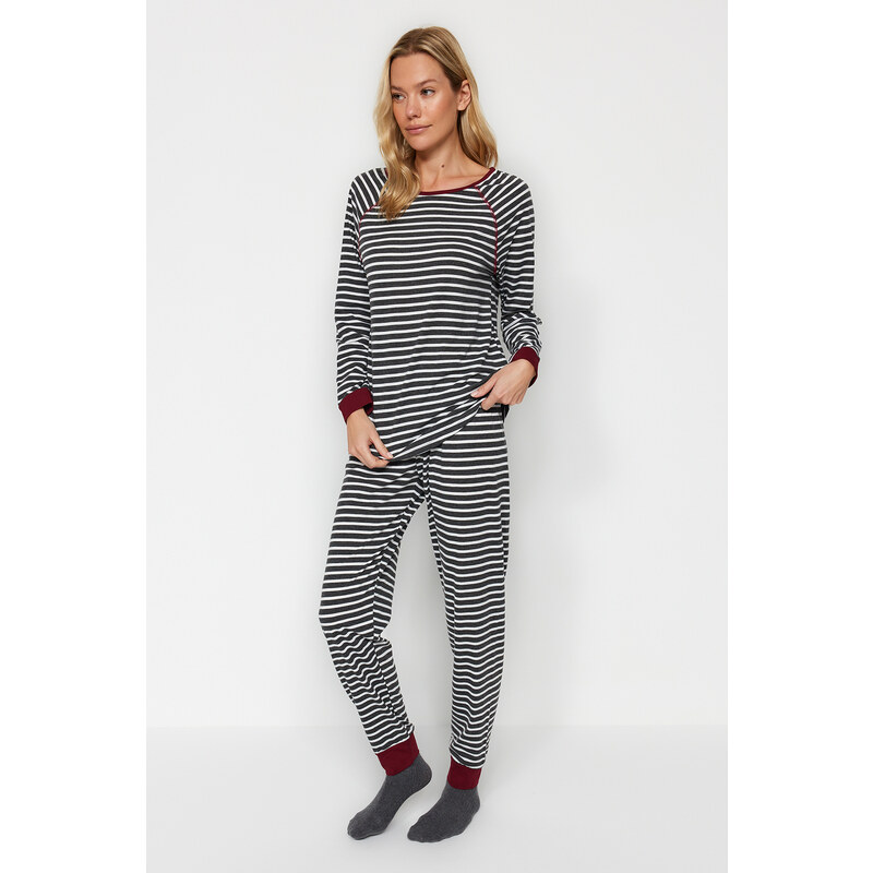 Trendyol Anthracite Multicolored Cotton Striped Tshirt-Jogger Knitted Pajama Set