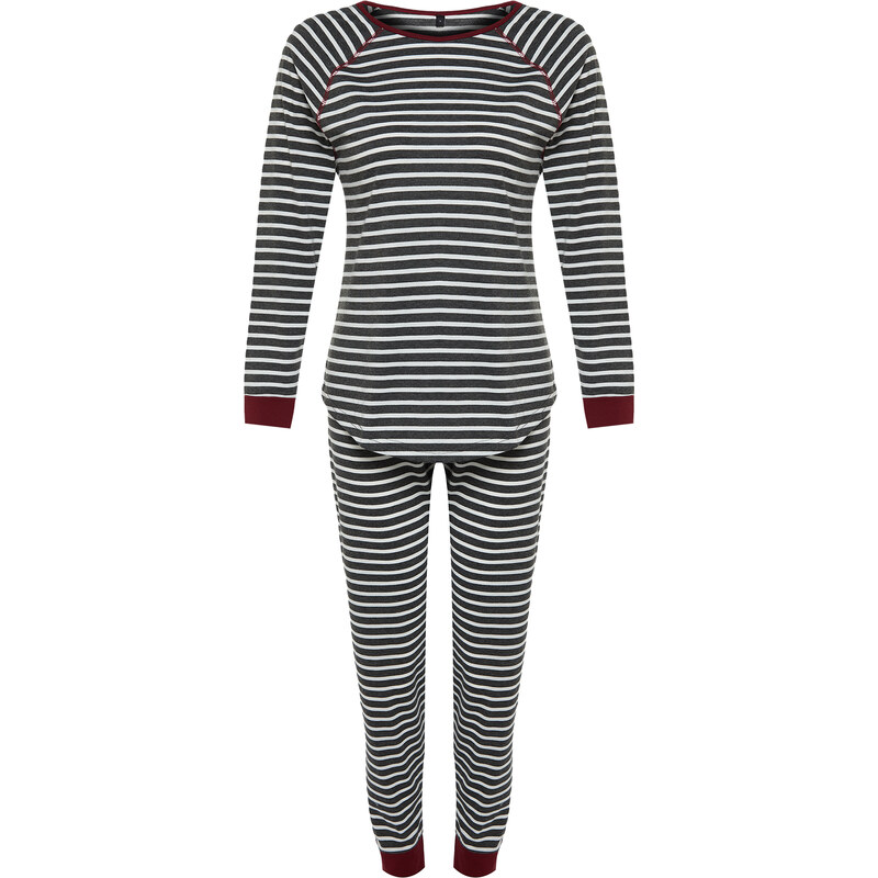 Trendyol Anthracite Multicolored Cotton Striped Tshirt-Jogger Knitted Pajama Set