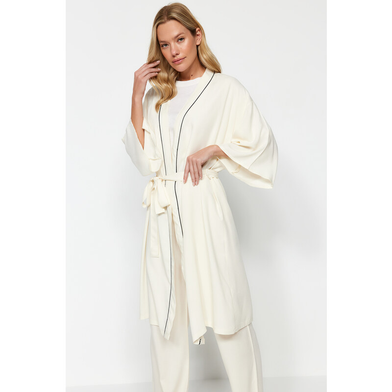 Trendyol Beige 2-Piece Viscose Tie Dressing Gown-Pajama Bottom Woven 115605049