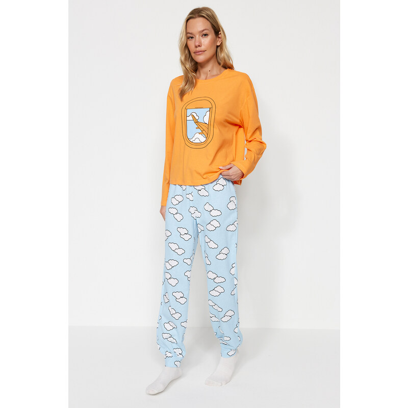 Trendyol Orange 100% Cotton Cloud Pattern T-shirt-Jogger Knitted Pajamas Set