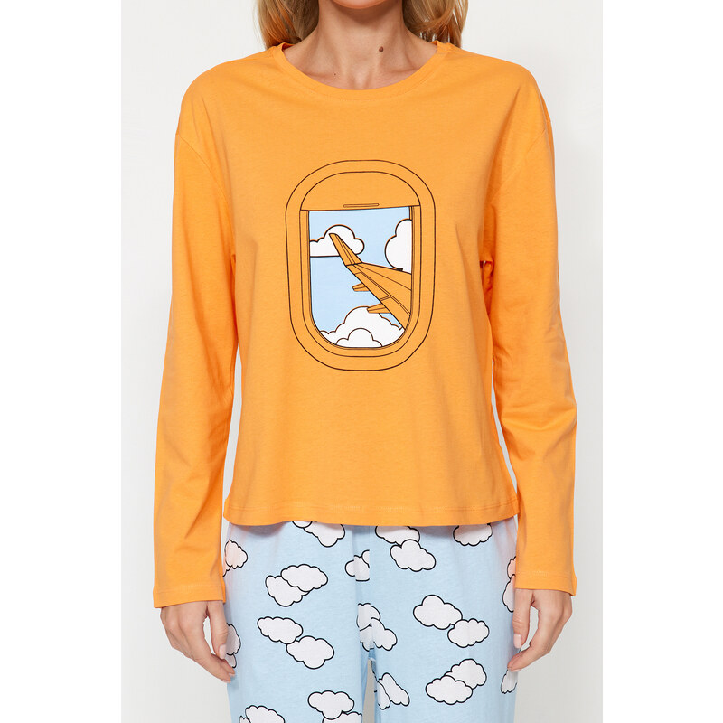 Trendyol Orange 100% Cotton Cloud Pattern T-shirt-Jogger Knitted Pajamas Set