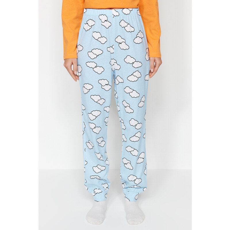 Trendyol Orange 100% Cotton Cloud Pattern T-shirt-Jogger Knitted Pajamas Set