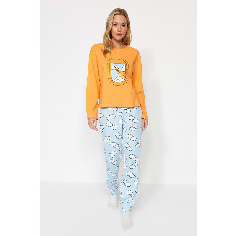 Trendyol Orange 100% Cotton Cloud Pattern T-shirt-Jogger Knitted Pajamas Set