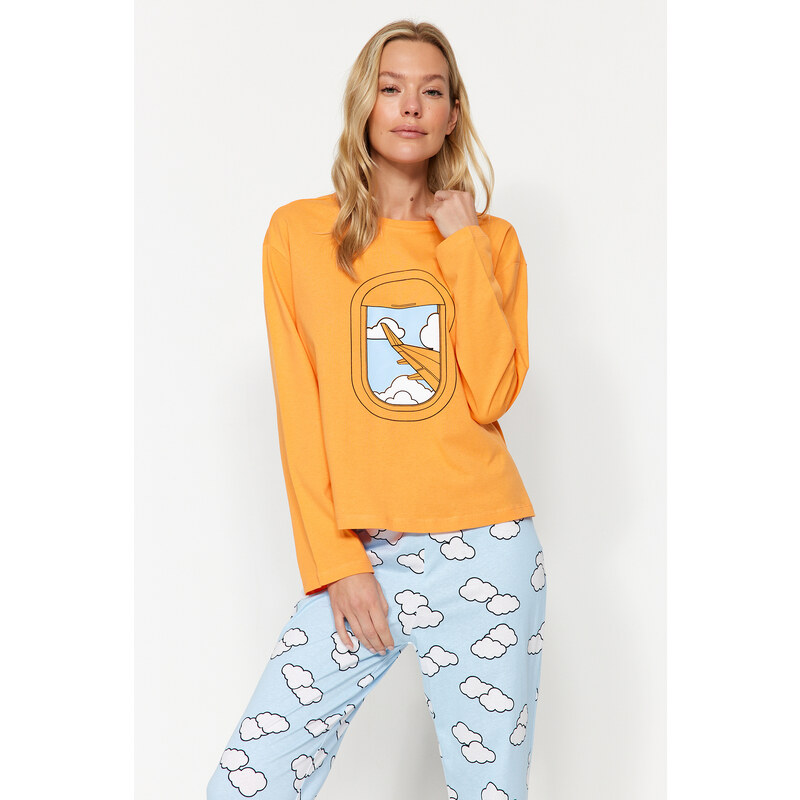 Trendyol Orange 100% Cotton Cloud Pattern T-shirt-Jogger Knitted Pajamas Set