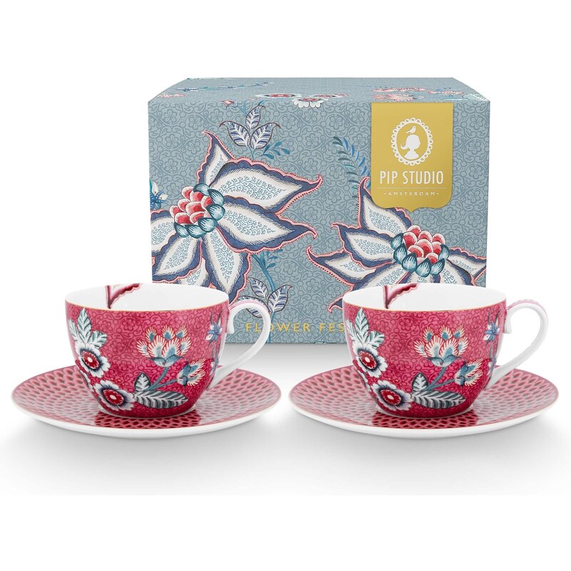 Pip Studio set 2 šálků s podšálky Flower Festival tmavě růžový, 280 ml