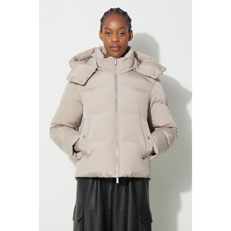 Péřová bunda Woolrich dámská, béžová barva, zimní