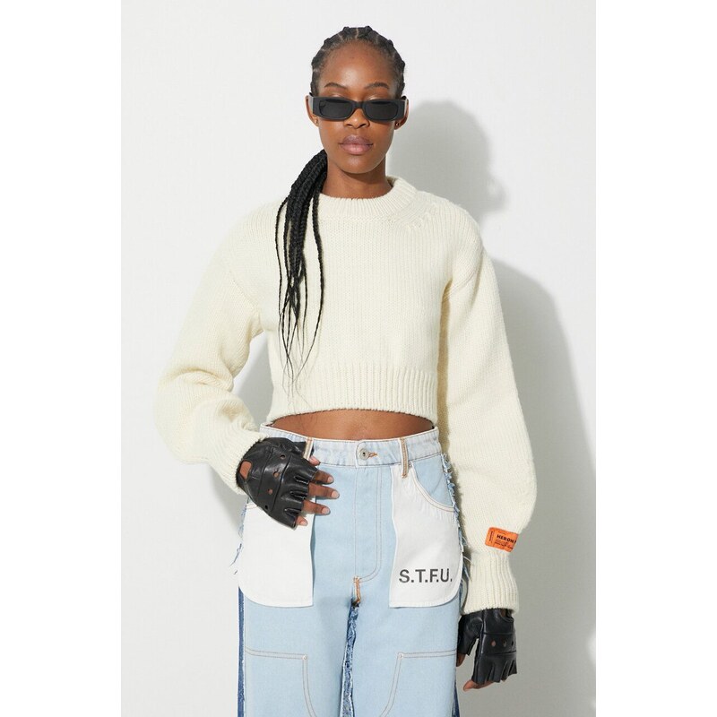 Vlněný svetr Heron Preston Crop Crewneck Back Cut Out dámský, béžová barva, hřejivý, HWHE021F23KNI0010400