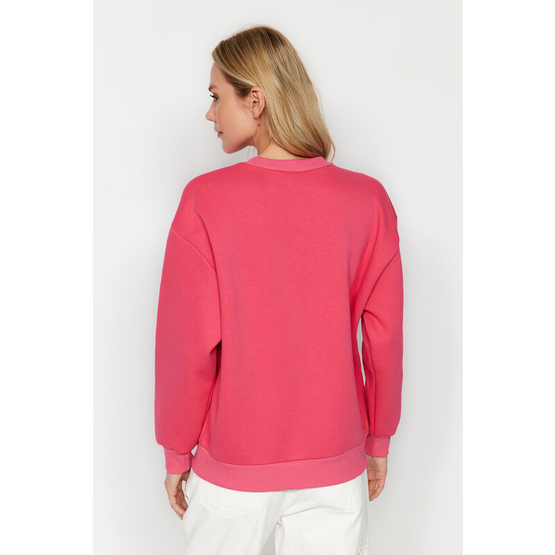 Trendyol Pink Slogan Printed Regular/Normal Fit Crew Neck Knitted Sweatshirt