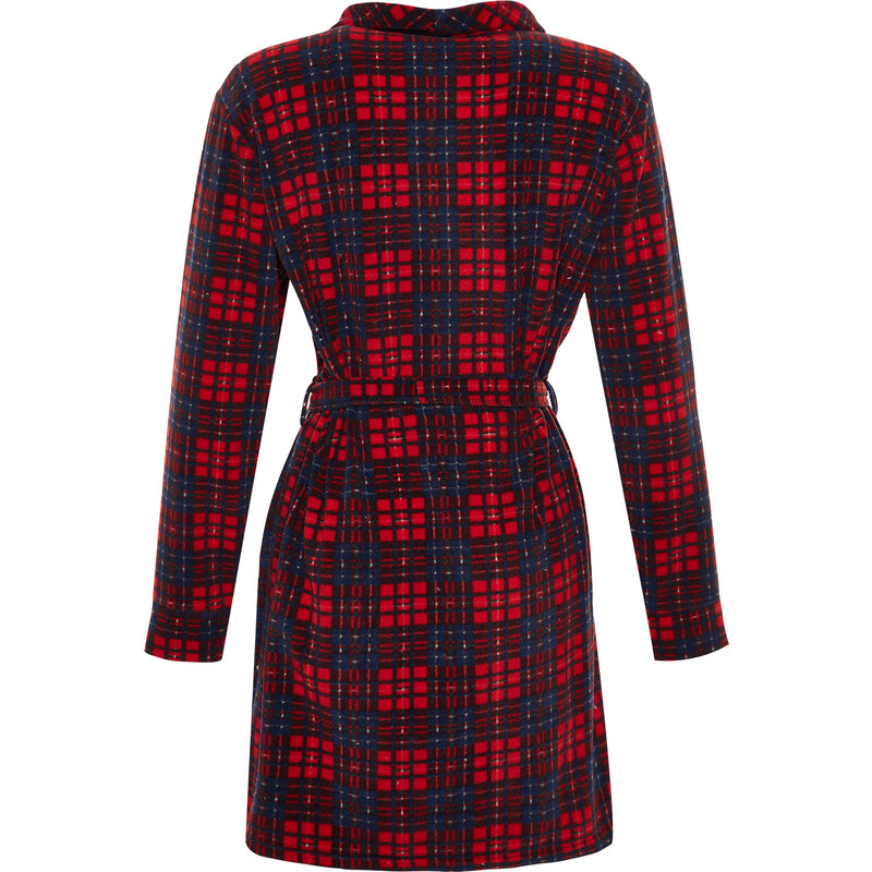 Trendyol Red Belted Checkered Fleece Knitted Dressing Gown