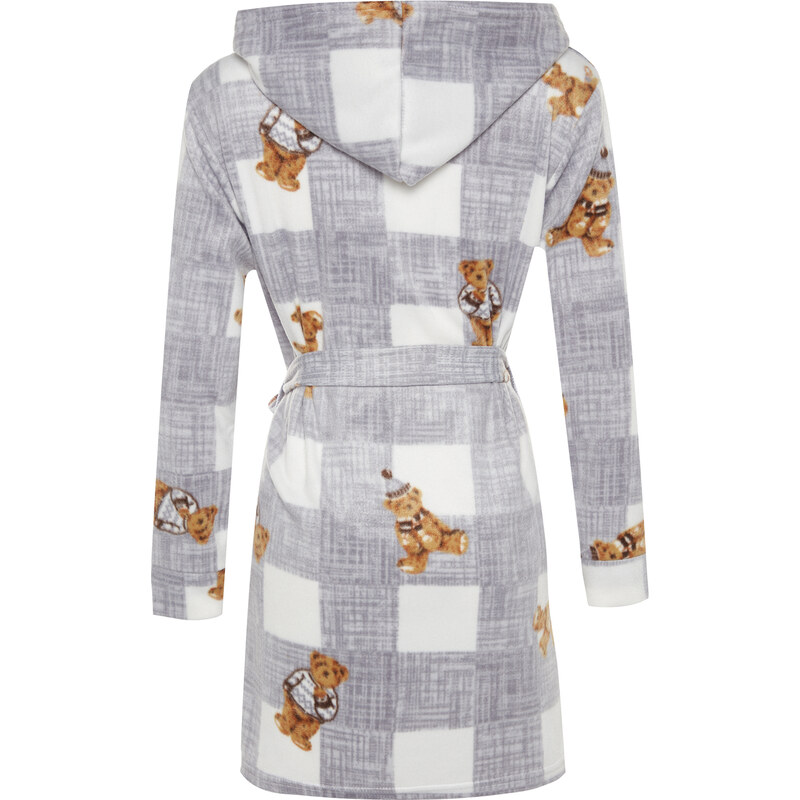 Trendyol Gray Belted Plaid Teddy Bear Pattern Pocket and Hood Detail Fleece Knitted Dressing Gown
