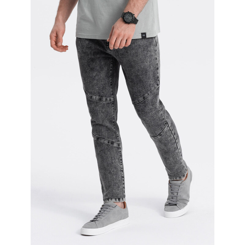 Ombre Clothing Pánské džínové kalhoty slim fit střihu s prošíváním na kolenou - šedé V3 OM-PADP-0109