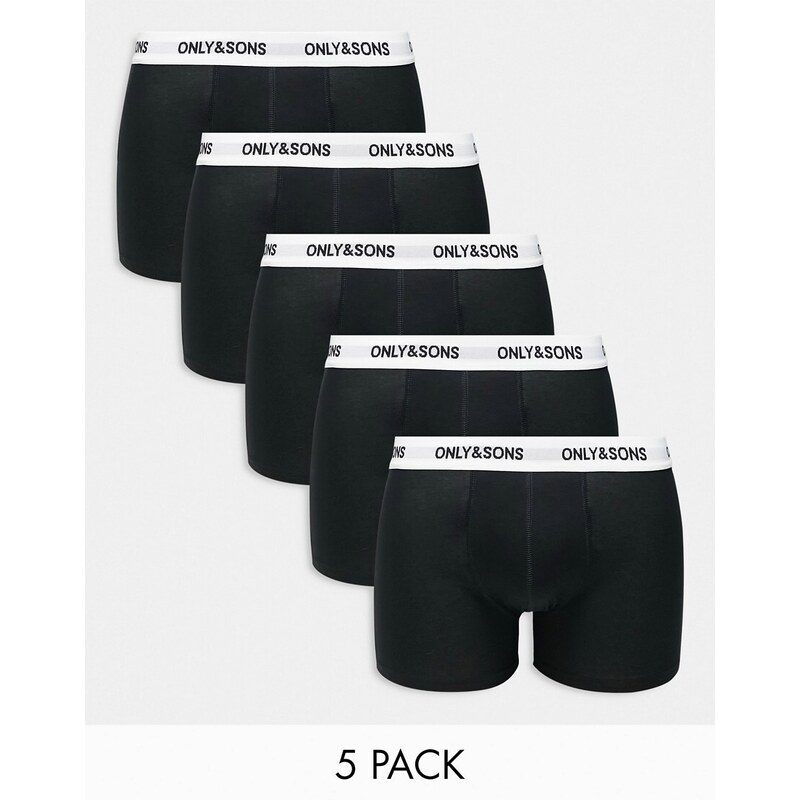 ONLY & SONS 5 pack trunks in black with white logo waistband