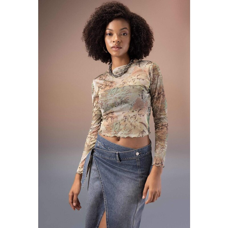 DEFACTO Crop Crew Neck Batic Tulle Long Sleeve T-Shirt