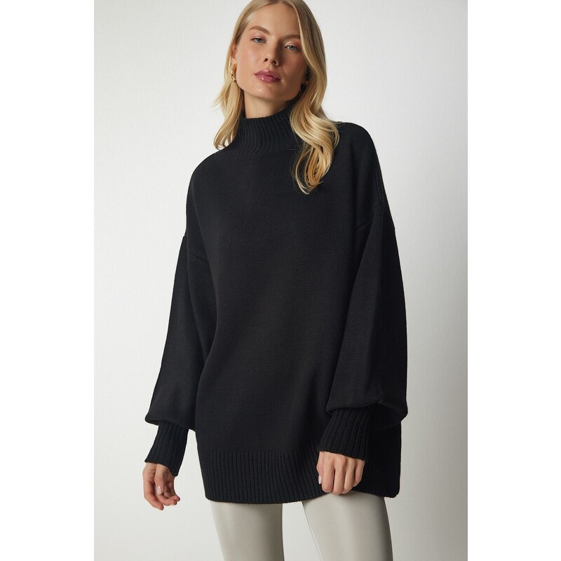 Happiness İstanbul Women's Black High Neck Oversize Basic Knitwear Sweater