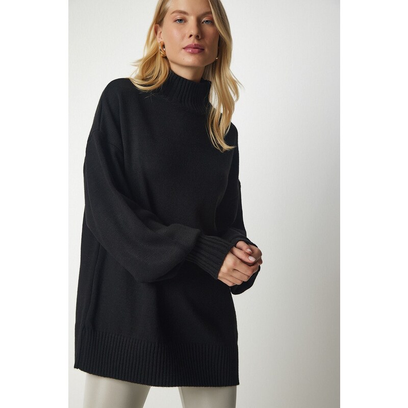 Happiness İstanbul Women's Black High Neck Oversize Basic Knitwear Sweater