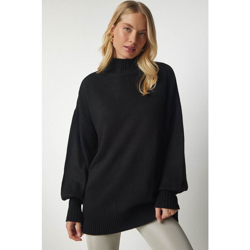 Happiness İstanbul Women's Black High Neck Oversize Basic Knitwear Sweater