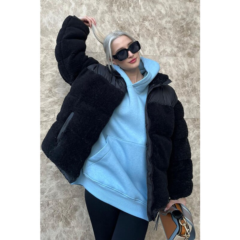 Madmext Black Plush Oversized Coat