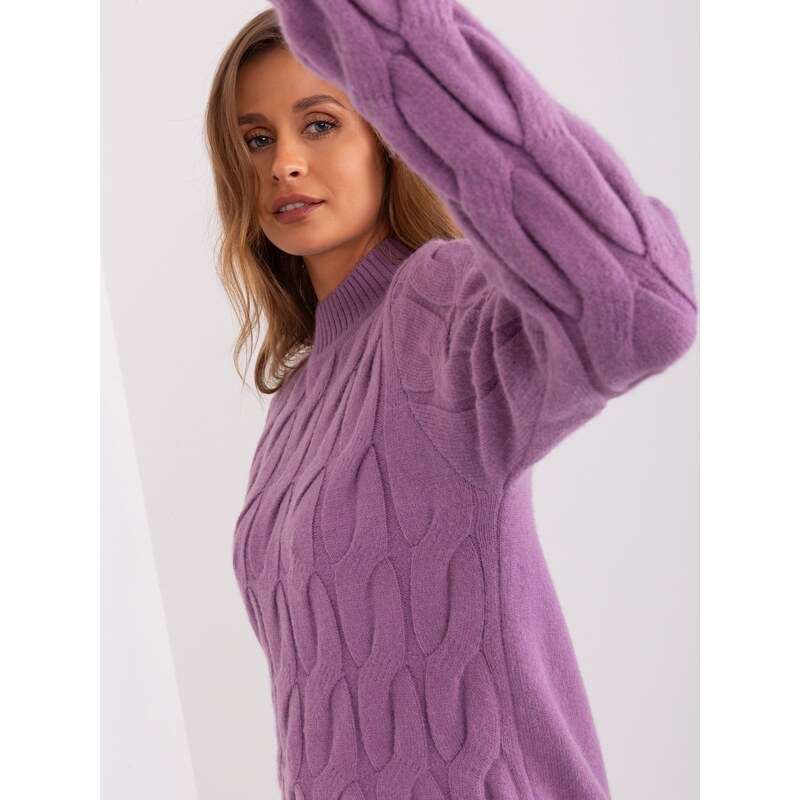 Wool Fashion Italia Špinavý fialový svetr s kabely a rolákem 111091433