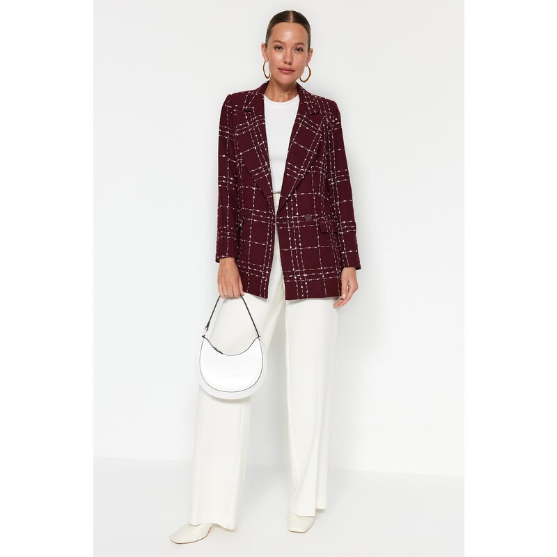 Trendyol Burgundy Oversize Woven Plaid Blazer Jacket