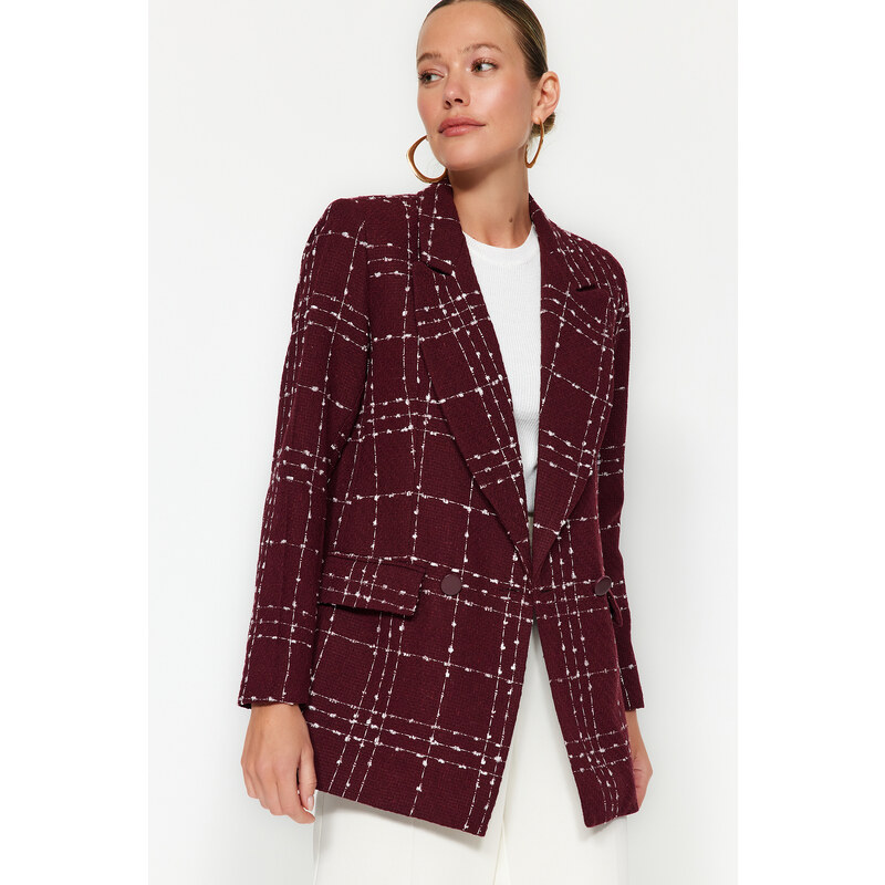 Trendyol Burgundy Oversize Woven Plaid Blazer Jacket