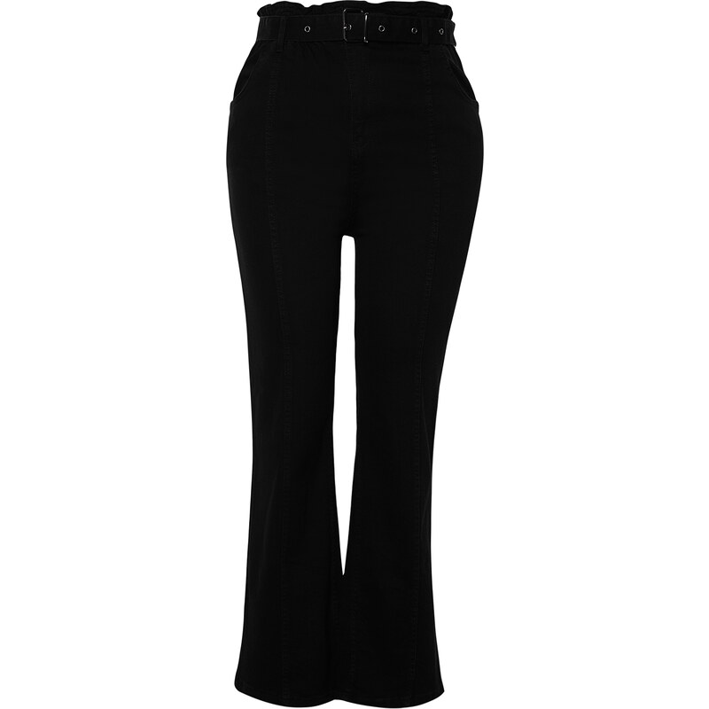 Trendyol Curve Černá vysoká pasová pásková prošívaná detailní džíny s rovným střihem