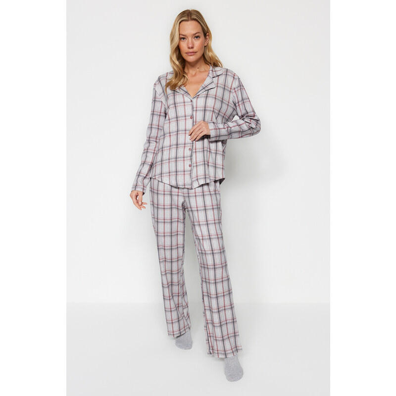 Trendyol Gray Multi Color 100% Cotton Brushed Plaid Shirt-Pants Knitted Pajamas Set