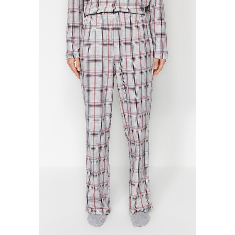 Trendyol Gray Multi Color 100% Cotton Brushed Plaid Shirt-Pants Knitted Pajamas Set